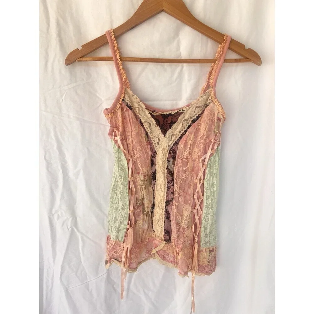VTG Fairy Grunge Patchwork Lace Corset Cami Tank Top Pink Green Ribbon Floral XS - Picture 1 of 6
